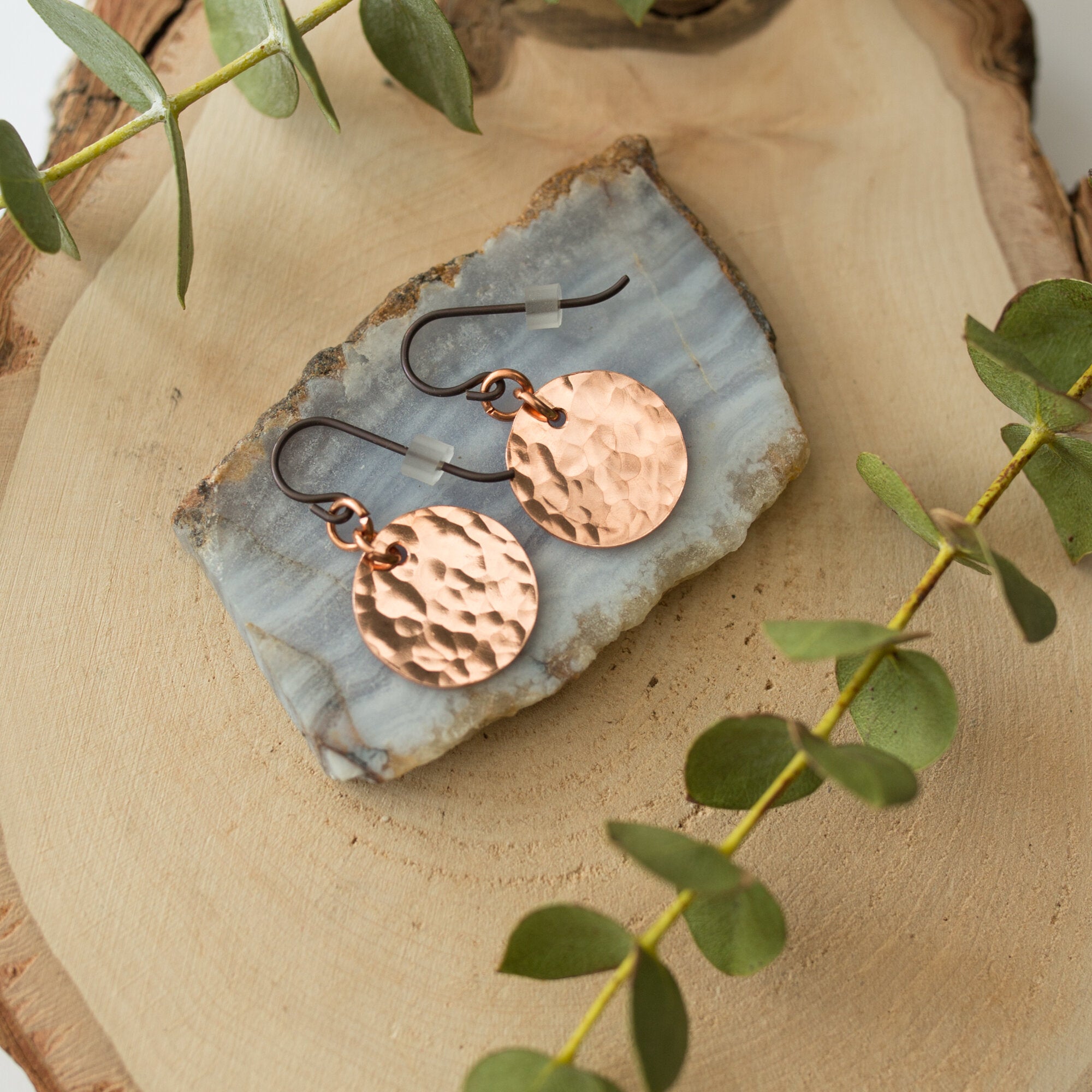 Hammered Copper Moon Dangly Earrings