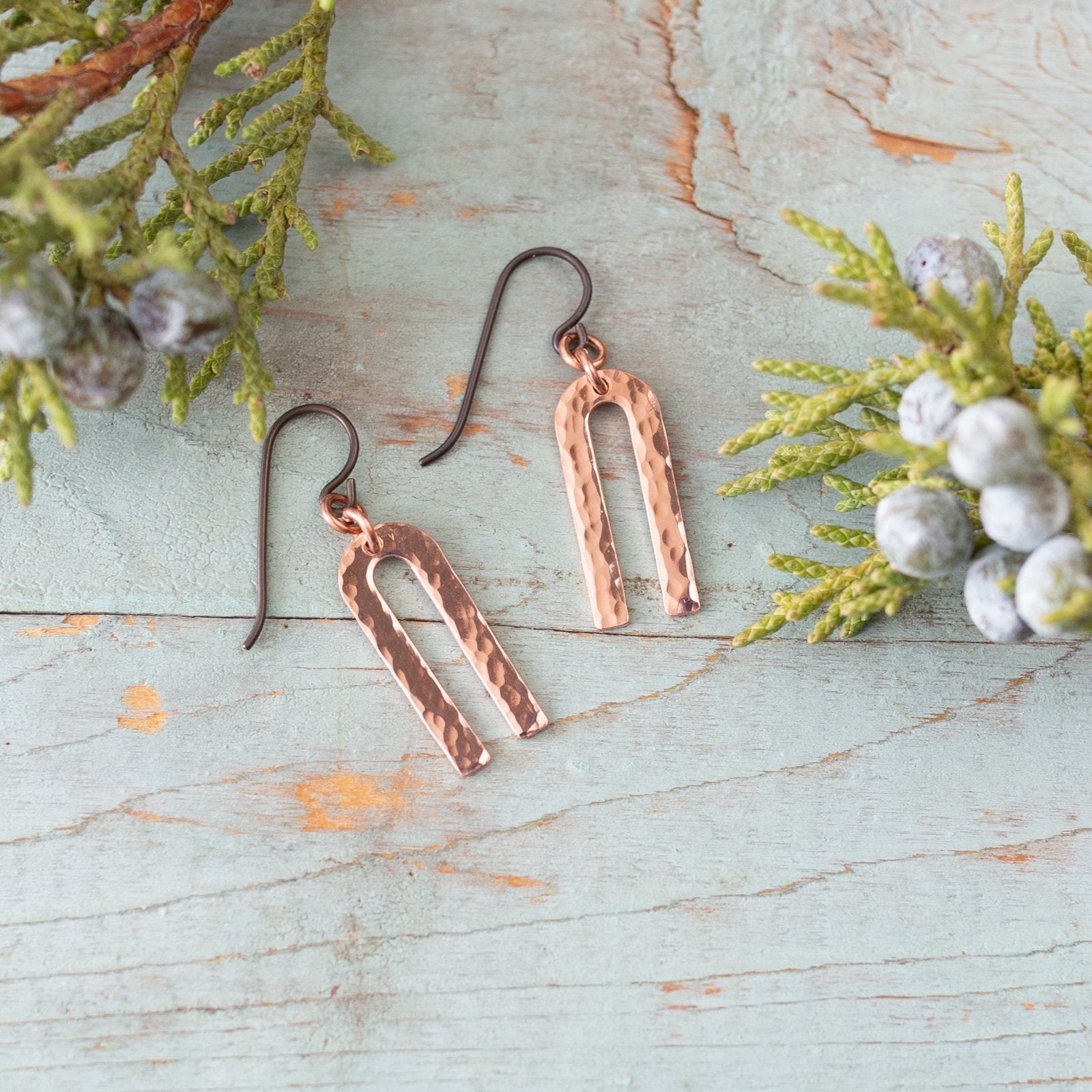 Copper Hammered U Earrings